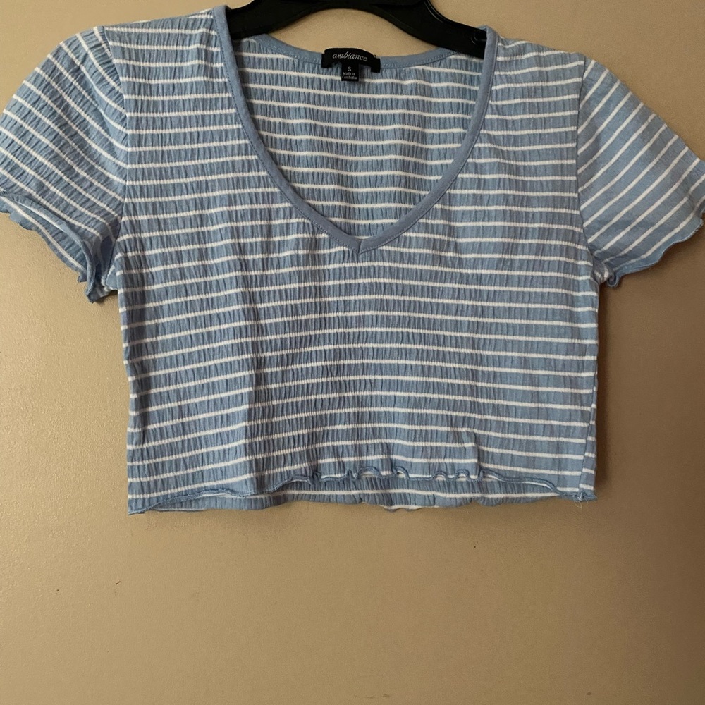 White and light blue crop top